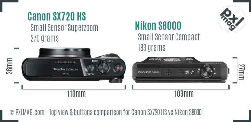 Canon SX720 HS vs Nikon S8000 top view buttons comparison