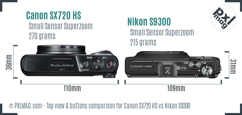 Canon SX720 HS vs Nikon S9300 top view buttons comparison
