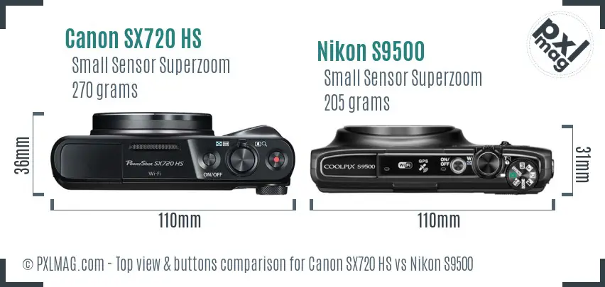 Canon SX720 HS vs Nikon S9500 top view buttons comparison Canon SX720 HS vs Nikon S9500 top view buttons comparison