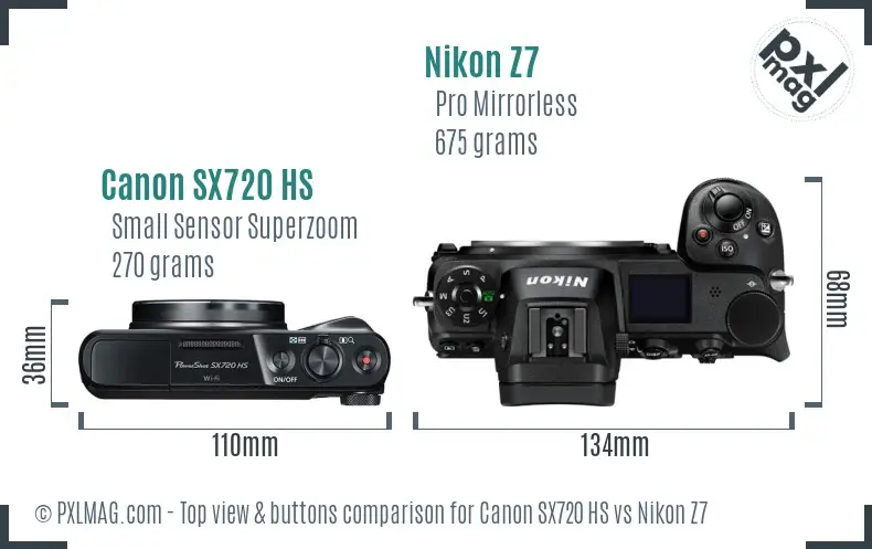 Canon SX720 HS vs Nikon Z7 top view buttons comparison