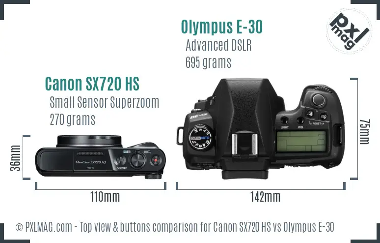 Canon SX720 HS vs Olympus E-30 top view buttons comparison