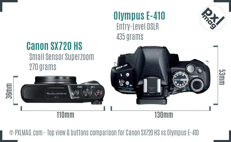 Canon SX720 HS vs Olympus E-410 top view buttons comparison