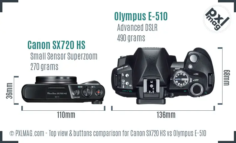 Canon SX720 HS vs Olympus E-510 top view buttons comparison