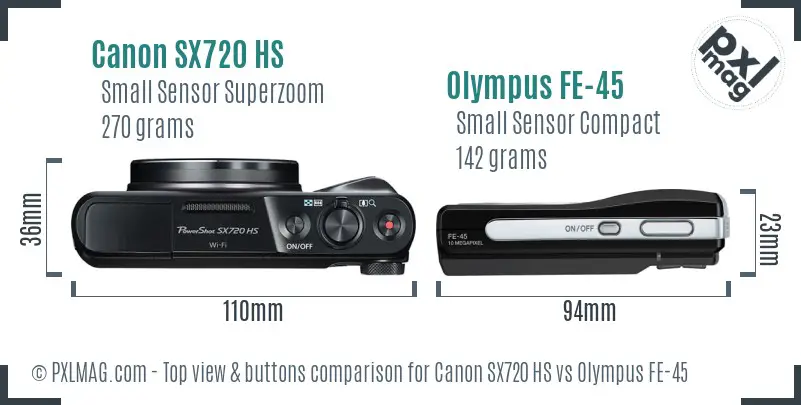 Canon SX720 HS vs Olympus FE-45 top view buttons comparison Canon SX720 HS vs Olympus FE-45 top view buttons comparison