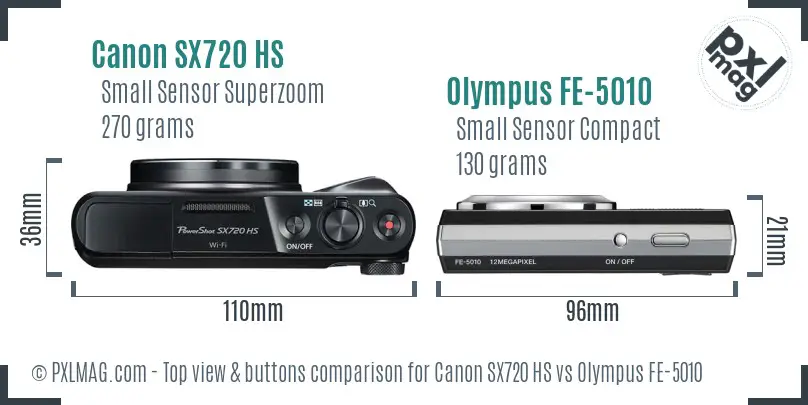 Canon SX720 HS vs Olympus FE-5010 top view buttons comparison Canon SX720 HS vs Olympus FE-5010 top view buttons comparison