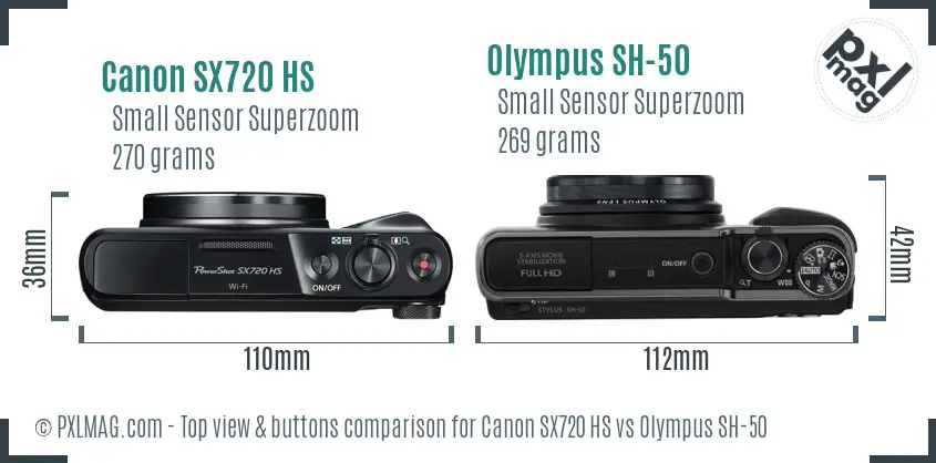 Canon SX720 HS vs Olympus SH-50 top view buttons comparison Canon SX720 HS vs Olympus SH-50 top view buttons comparison