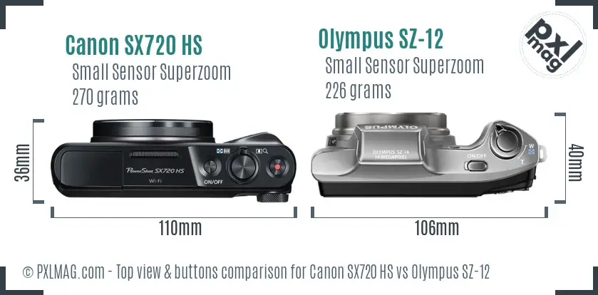 Canon SX720 HS vs Olympus SZ-12 top view buttons comparison Canon SX720 HS vs Olympus SZ-12 top view buttons comparison