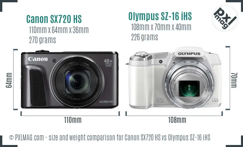 Canon SX720 HS vs Olympus SZ-16 iHS size comparison