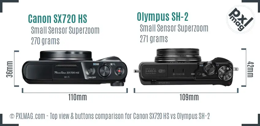 Canon SX720 HS vs Olympus SH-2 top view buttons comparison Canon SX720 HS vs Olympus SH-2 top view buttons comparison