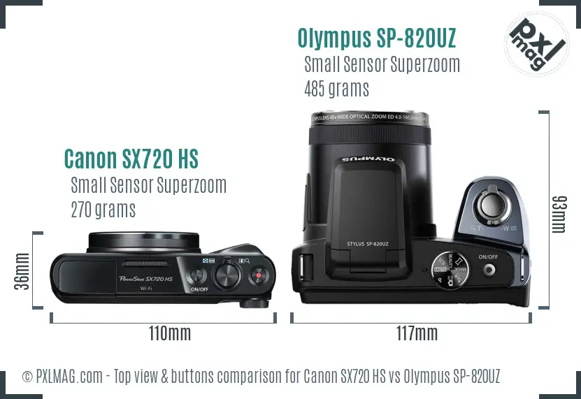 Canon SX720 HS vs Olympus SP-820UZ top view buttons comparison Canon SX720 HS vs Olympus SP-820UZ top view buttons comparison