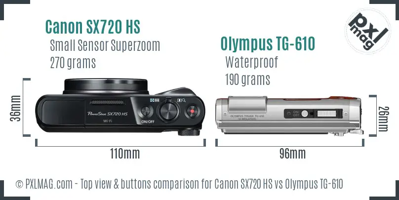 Canon SX720 HS vs Olympus TG-610 top view buttons comparison Canon SX720 HS vs Olympus TG-610 top view buttons comparison