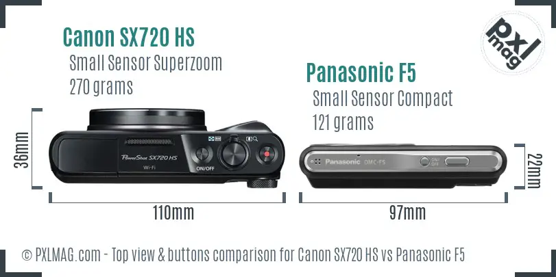 Canon SX720 HS vs Panasonic F5 top view buttons comparison