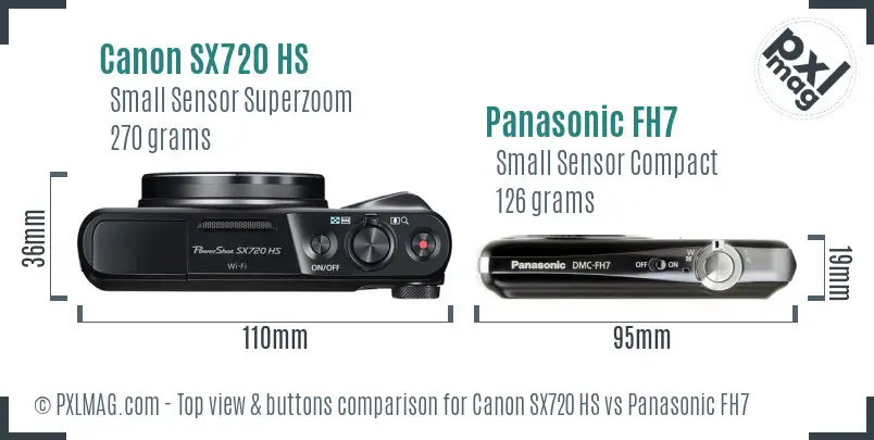 Canon SX720 HS vs Panasonic FH7 top view buttons comparison Canon SX720 HS vs Panasonic FH7 top view buttons comparison