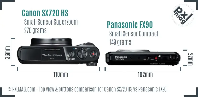 Canon SX720 HS vs Panasonic FX90 top view buttons comparison Canon SX720 HS vs Panasonic FX90 top view buttons comparison