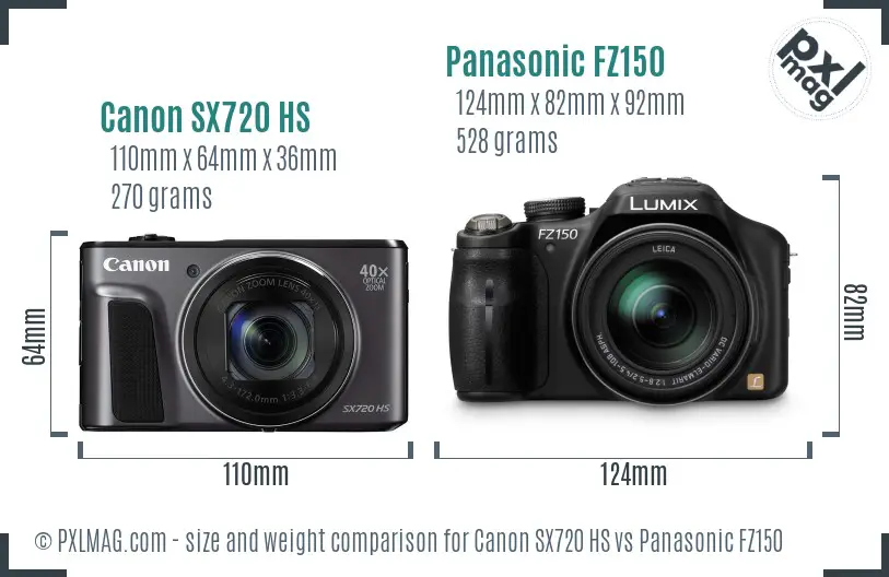 Canon SX720 HS vs Panasonic FZ150 size comparison