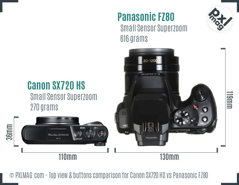 Canon SX720 HS vs Panasonic FZ80 top view buttons comparison Canon SX720 HS vs Panasonic FZ80 top view buttons comparison