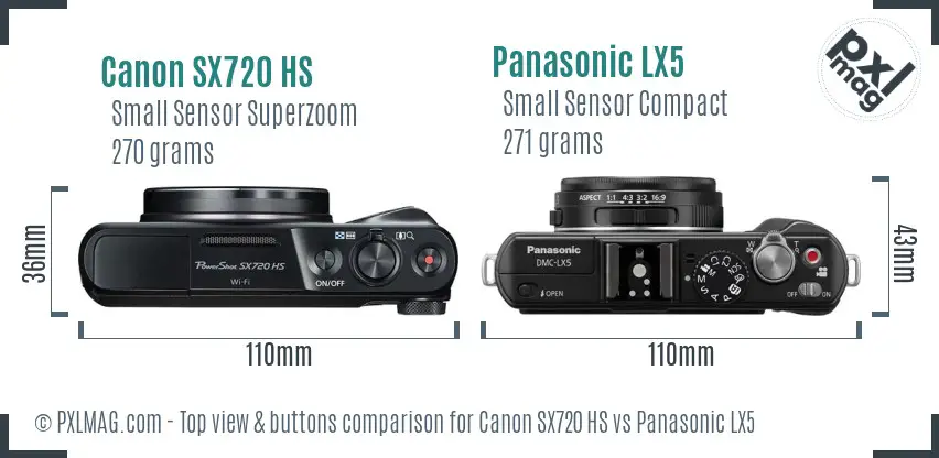 Canon SX720 HS vs Panasonic LX5 top view buttons comparison
