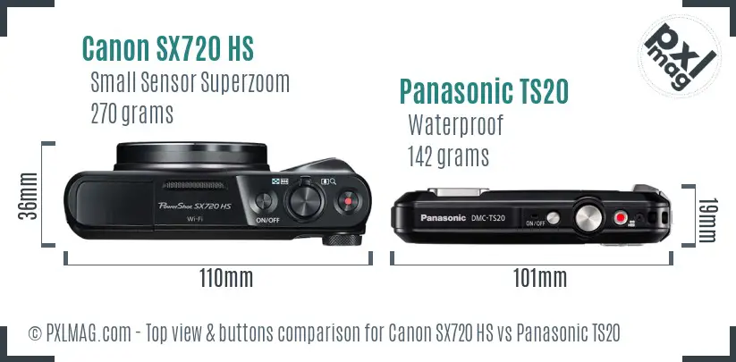 Canon SX720 HS vs Panasonic TS20 top view buttons comparison Canon SX720 HS vs Panasonic TS20 top view buttons comparison
