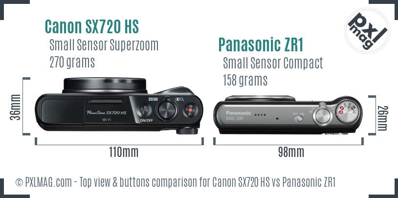 Canon SX720 HS vs Panasonic ZR1 top view buttons comparison