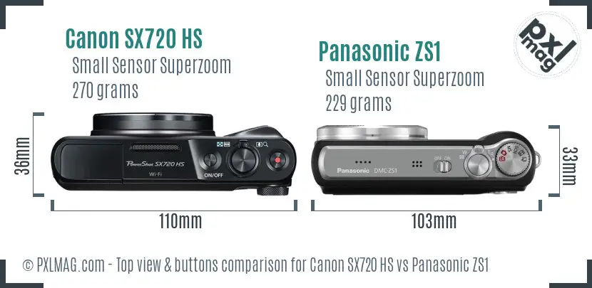 Canon SX720 HS vs Panasonic ZS1 top view buttons comparison