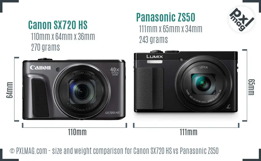 Canon SX720 HS vs Panasonic ZS50 size comparison