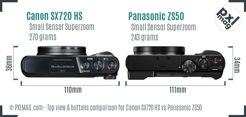 Canon SX720 HS vs Panasonic ZS50 top view buttons comparison