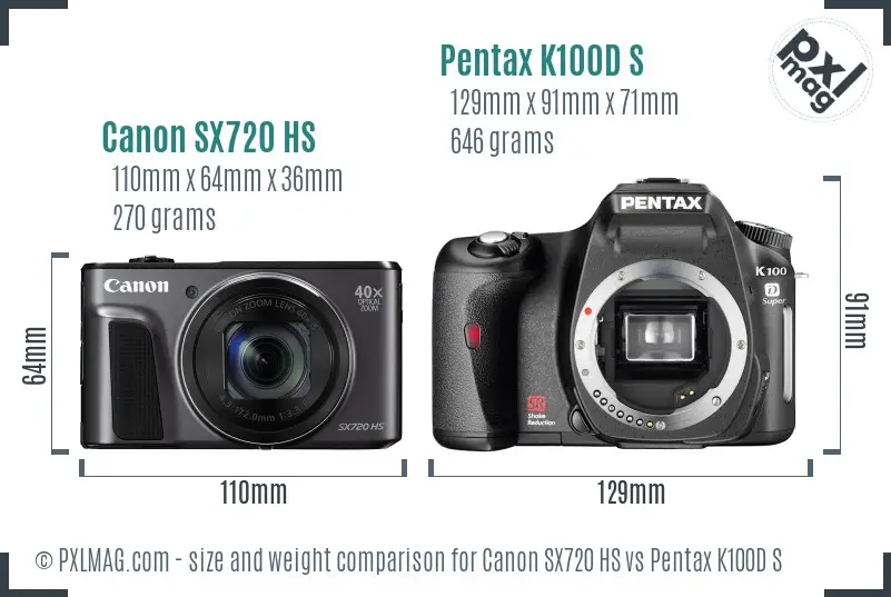 Canon SX720 HS vs Pentax K100D S size comparison