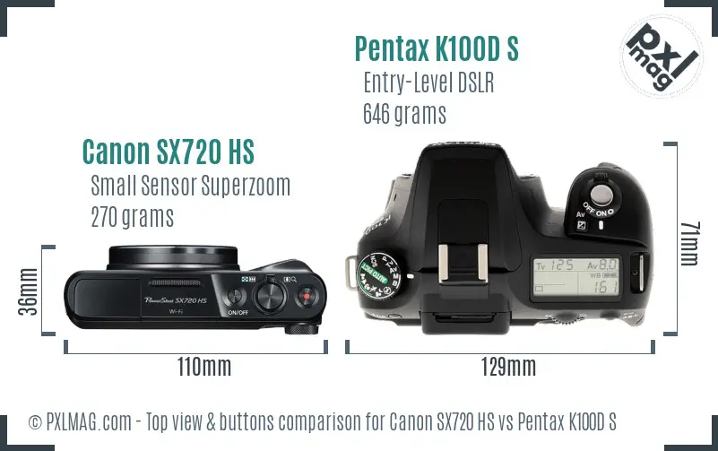 Canon SX720 HS vs Pentax K100D S top view buttons comparison