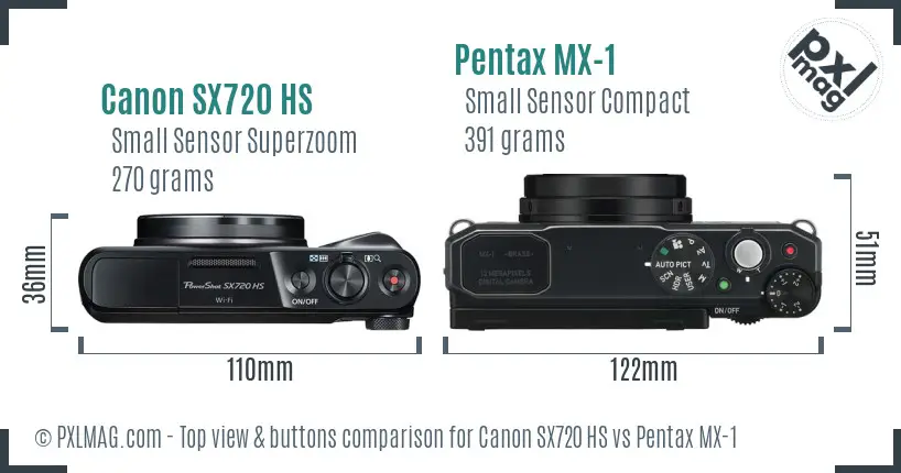 Canon SX720 HS vs Pentax MX-1 top view buttons comparison Canon SX720 HS vs Pentax MX-1 top view buttons comparison