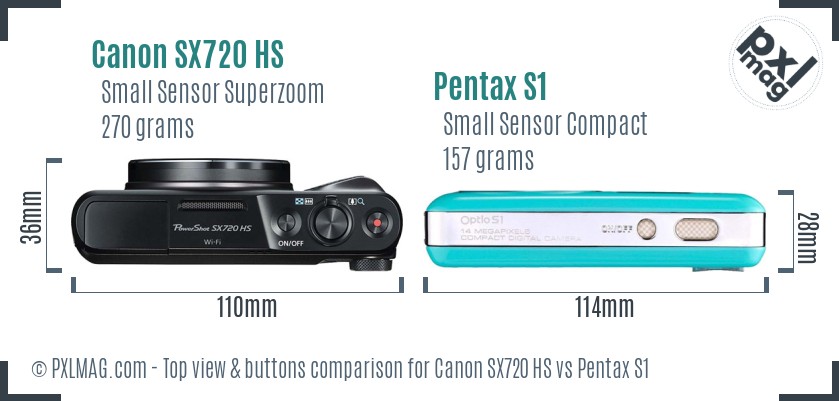 Canon SX720 HS vs Pentax S1 top view buttons comparison