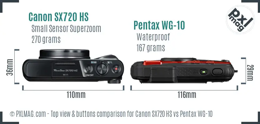 Canon SX720 HS vs Pentax WG-10 top view buttons comparison Canon SX720 HS vs Pentax WG-10 top view buttons comparison