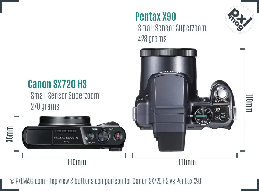 Canon SX720 HS vs Pentax X90 top view buttons comparison