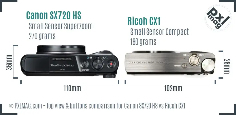 Canon SX720 HS vs Ricoh CX1 top view buttons comparison