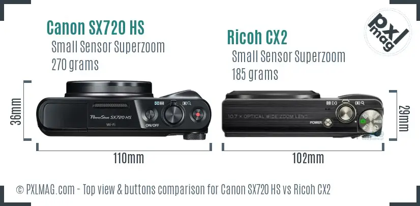Canon SX720 HS vs Ricoh CX2 top view buttons comparison Canon SX720 HS vs Ricoh CX2 top view buttons comparison