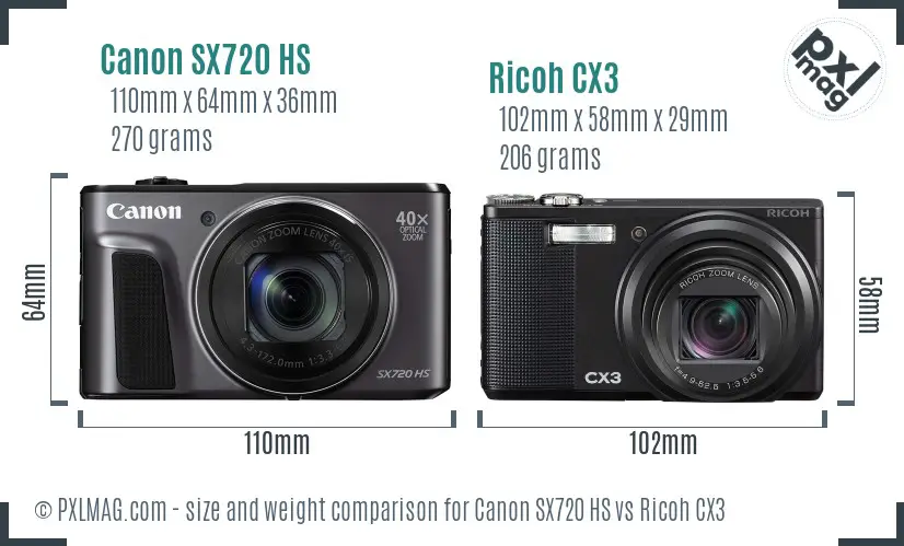 Canon SX720 HS vs Ricoh CX3 size comparison