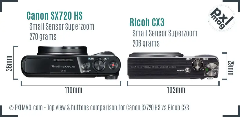 Canon SX720 HS vs Ricoh CX3 top view buttons comparison