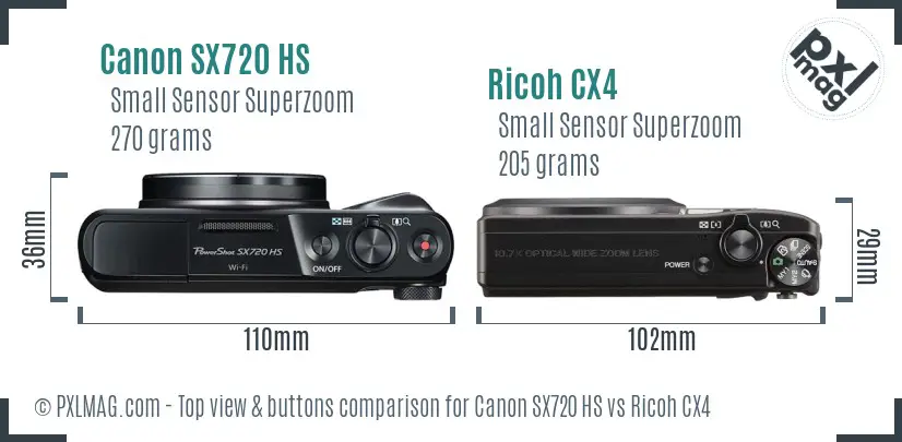 Canon SX720 HS vs Ricoh CX4 top view buttons comparison