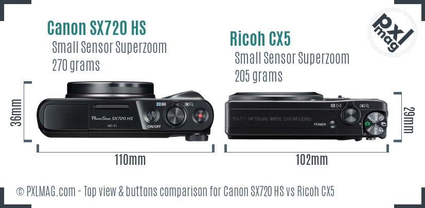 Canon SX720 HS vs Ricoh CX5 top view buttons comparison