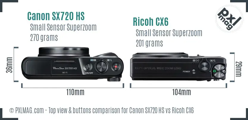 Canon SX720 HS vs Ricoh CX6 top view buttons comparison