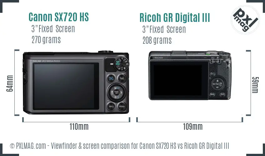 Canon SX720 HS vs Ricoh GR Digital III Screen and Viewfinder comparison
