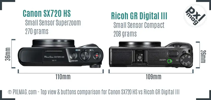 Canon SX720 HS vs Ricoh GR Digital III top view buttons comparison