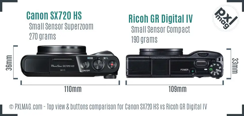 Canon SX720 HS vs Ricoh GR Digital IV top view buttons comparison