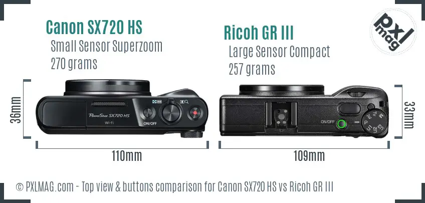Canon SX720 HS vs Ricoh GR III top view buttons comparison Canon SX720 HS vs Ricoh GR III top view buttons comparison