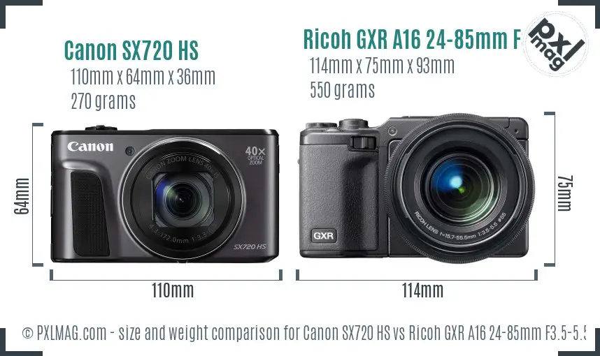 Canon SX720 HS vs Ricoh GXR A16 24-85mm F3.5-5.5 size comparison Canon SX720 HS vs Ricoh GXR A16 24-85mm F3.5-5.5 size comparison