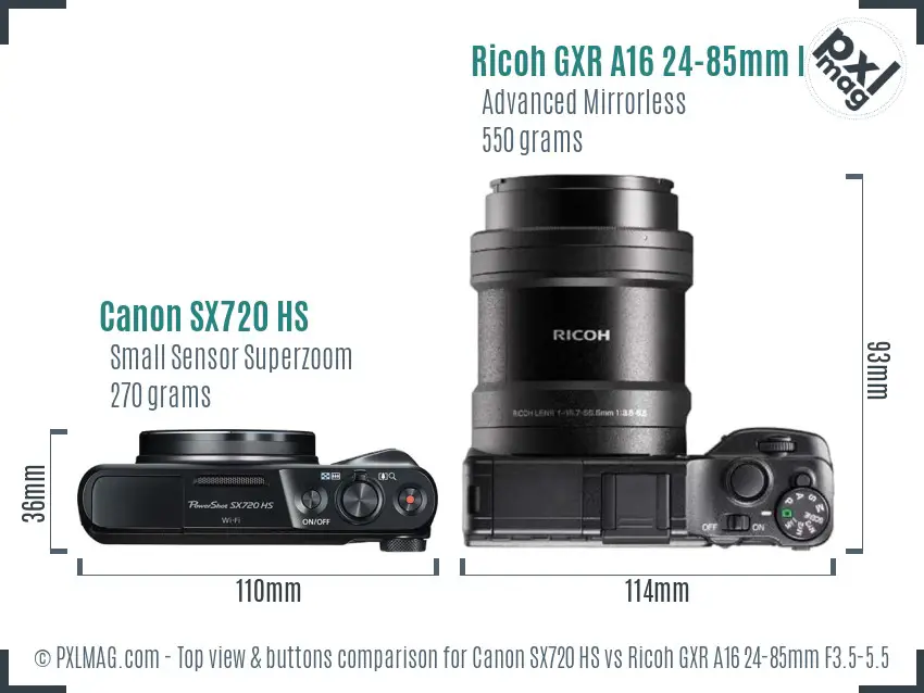 Canon SX720 HS vs Ricoh GXR A16 24-85mm F3.5-5.5 top view buttons comparison Canon SX720 HS vs Ricoh GXR A16 24-85mm F3.5-5.5 top view buttons comparison