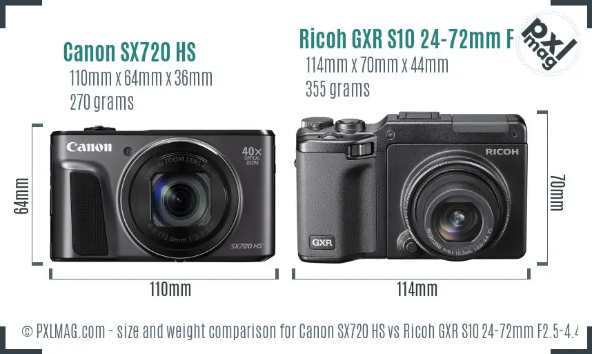Canon SX720 HS vs Ricoh GXR S10 24-72mm F2.5-4.4 VC size comparison Canon SX720 HS vs Ricoh GXR S10 24-72mm F2.5-4.4 VC size comparison