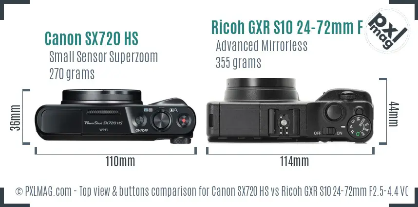 Canon SX720 HS vs Ricoh GXR S10 24-72mm F2.5-4.4 VC top view buttons comparison Canon SX720 HS vs Ricoh GXR S10 24-72mm F2.5-4.4 VC top view buttons comparison
