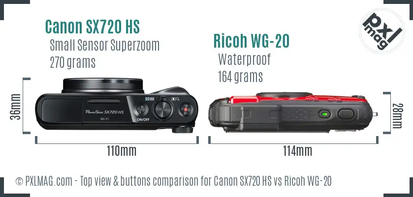 Canon SX720 HS vs Ricoh WG-20 top view buttons comparison