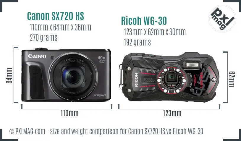 Canon SX720 HS vs Ricoh WG-30 size comparison