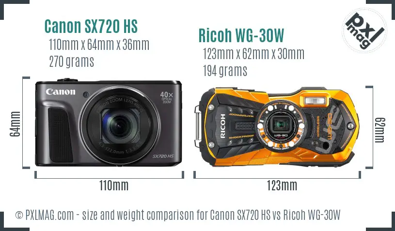 Canon SX720 HS vs Ricoh WG-30W size comparison